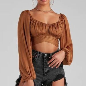 Windsor crop top long ballon sleeves silky brown size s